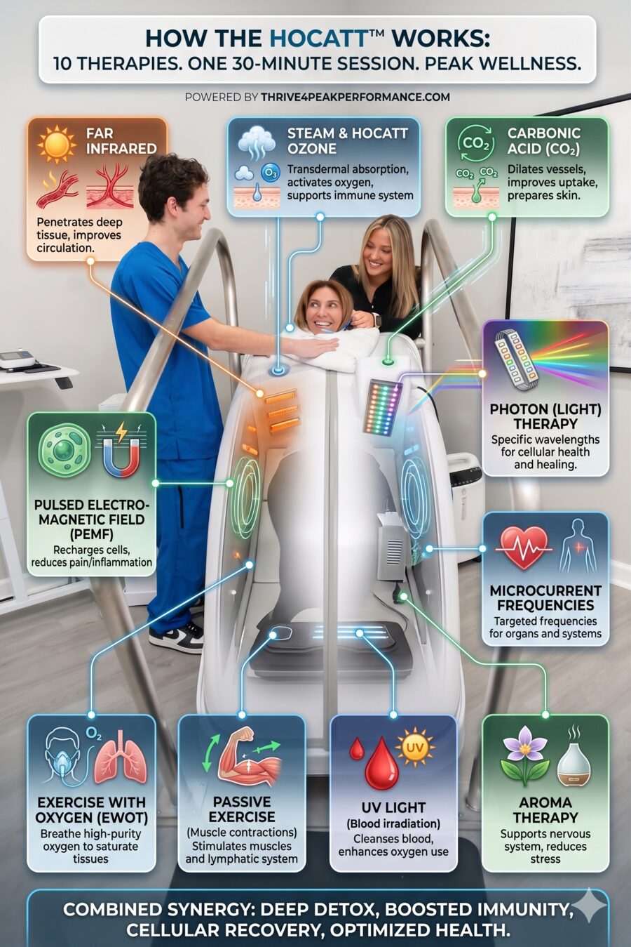 How the HOCATT Works: 10 therapies in one 30-minute session — Far Infrared, Steam & Ozone, Carbonic Acid, Photon Light Therapy, PEMF, Microcurrent, EWOT, Passive Exercise, UV Light, Aromatherapy